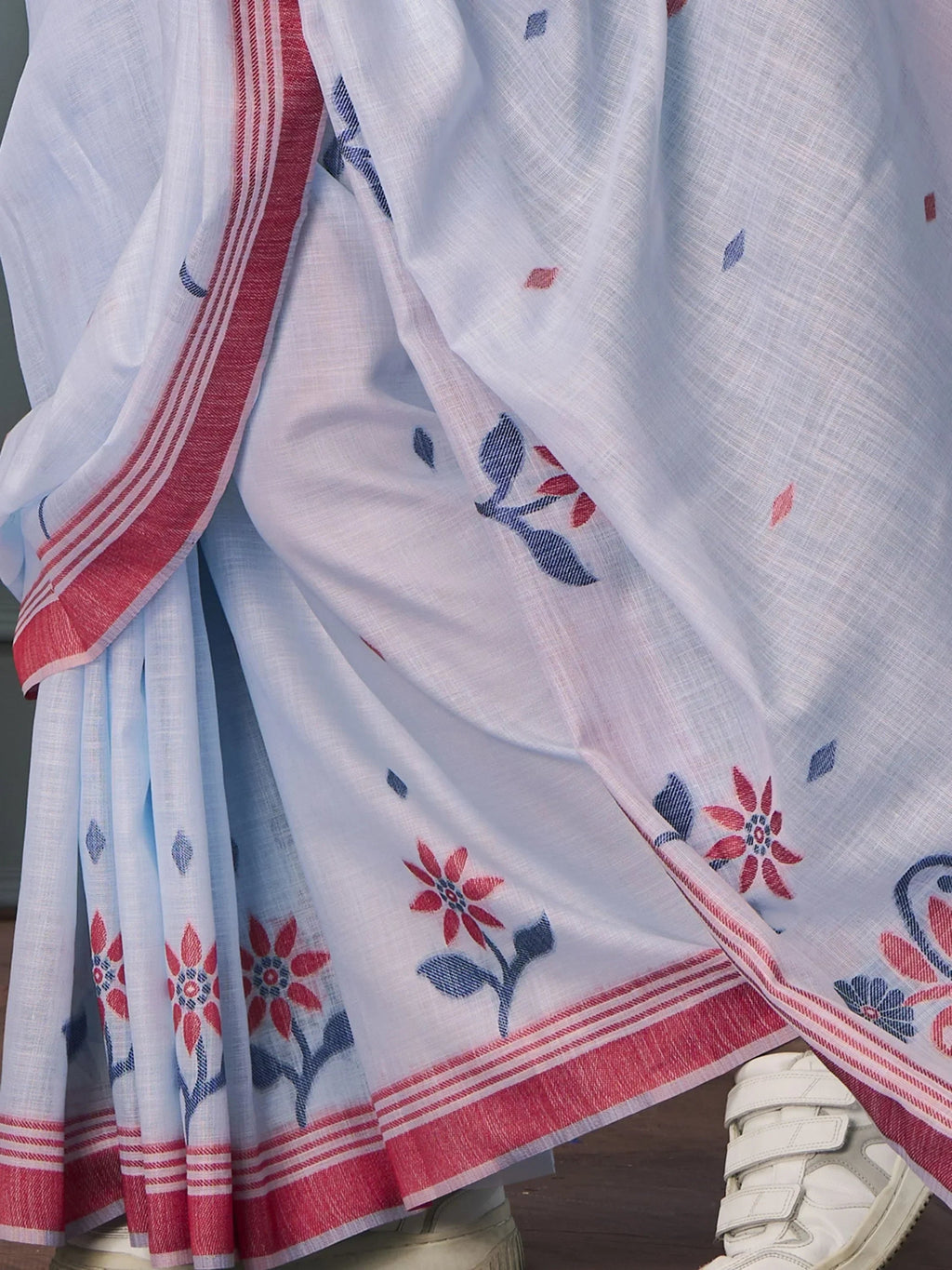 Beautiful Sky Blue Floral Printed Linen Office Wear Saree With Blouse