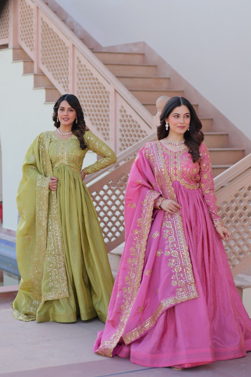 Organza Sequin Thread Embroidered Gown with Dupatta for Weddings