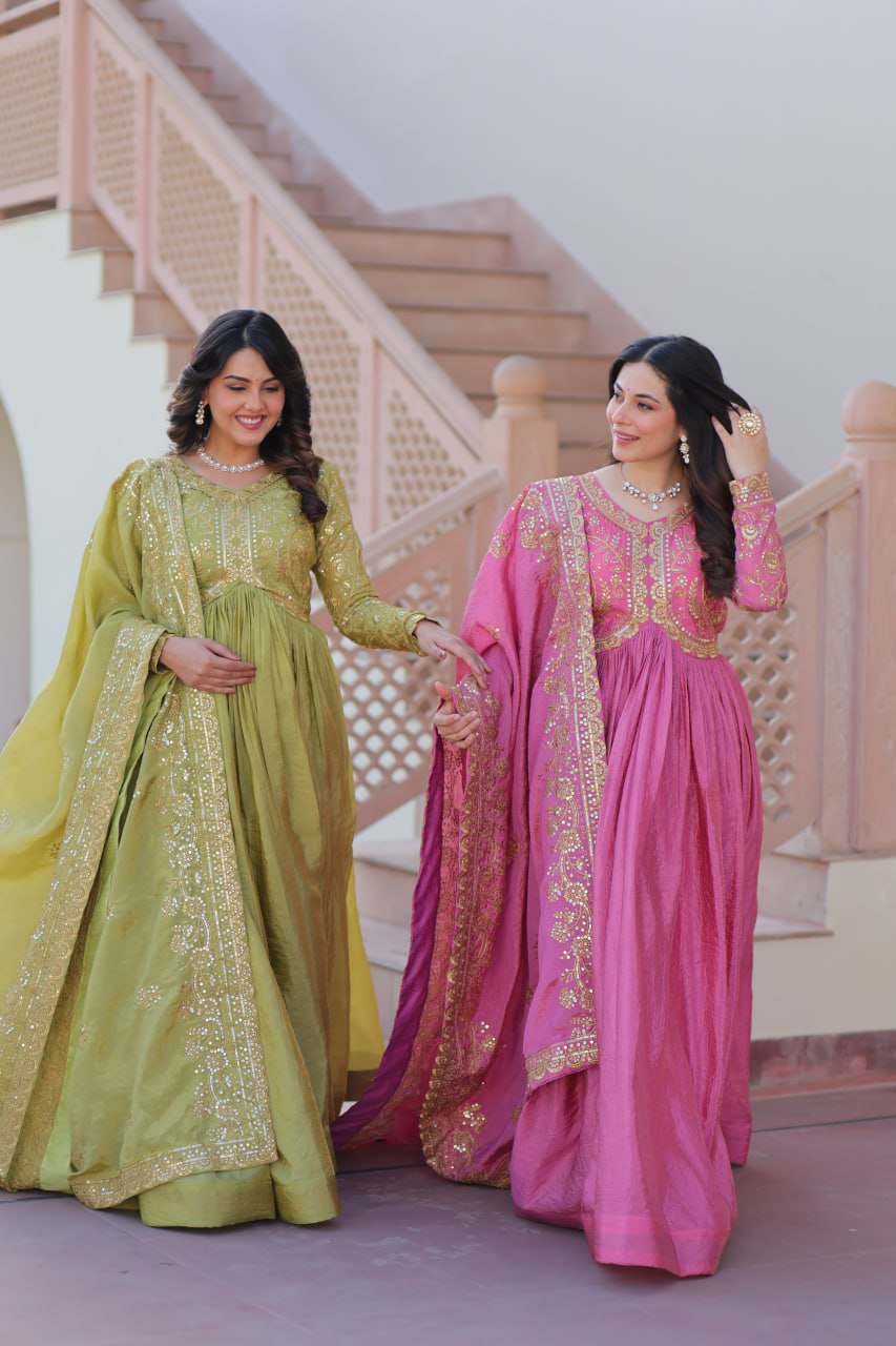 Organza Sequin Thread Embroidered Gown with Dupatta for Weddings