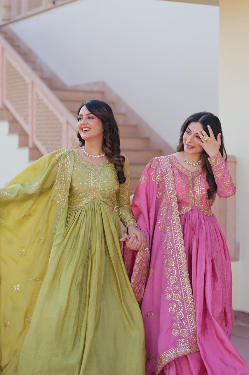 Organza Sequin Thread Embroidered Gown with Dupatta for Weddings
