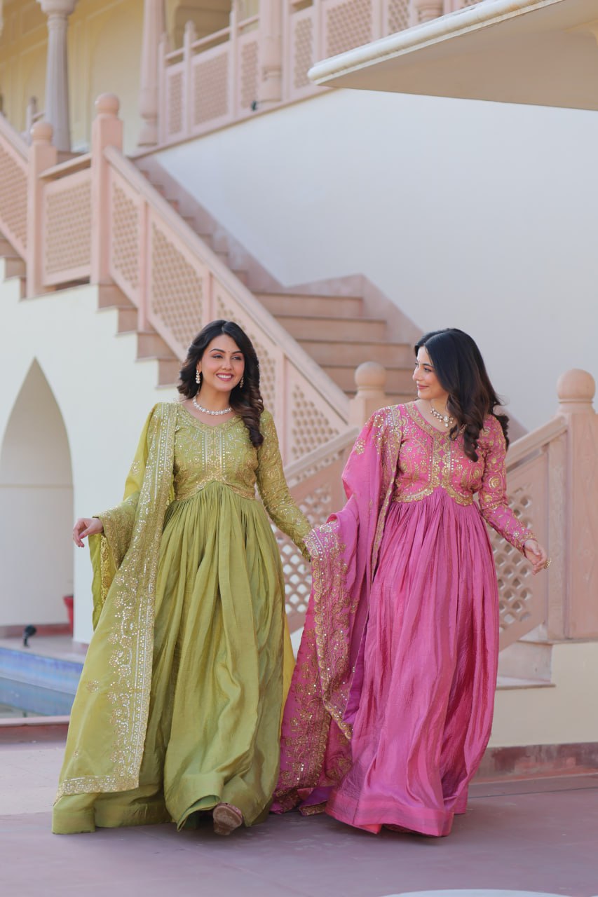 Organza Sequin Thread Embroidered Gown with Dupatta for Weddings
