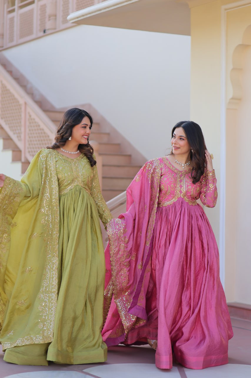 Organza Sequin Thread Embroidered Gown with Dupatta for Weddings