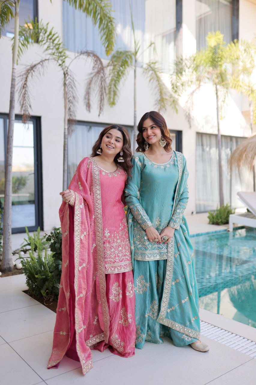 Zari Embroidered Crushed Sharara Suit for Festive & Wedding