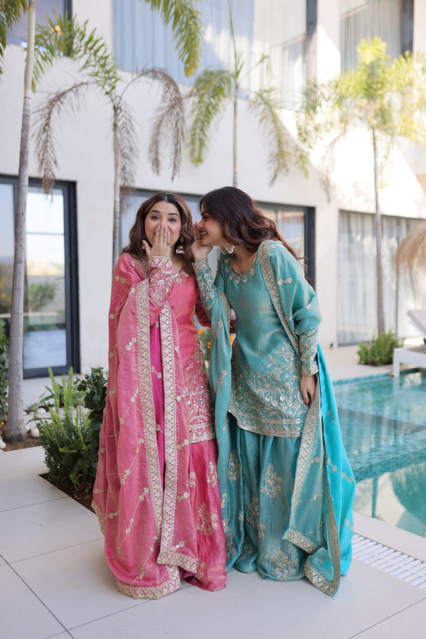 Zari Embroidered Crushed Sharara Suit for Festive & Wedding