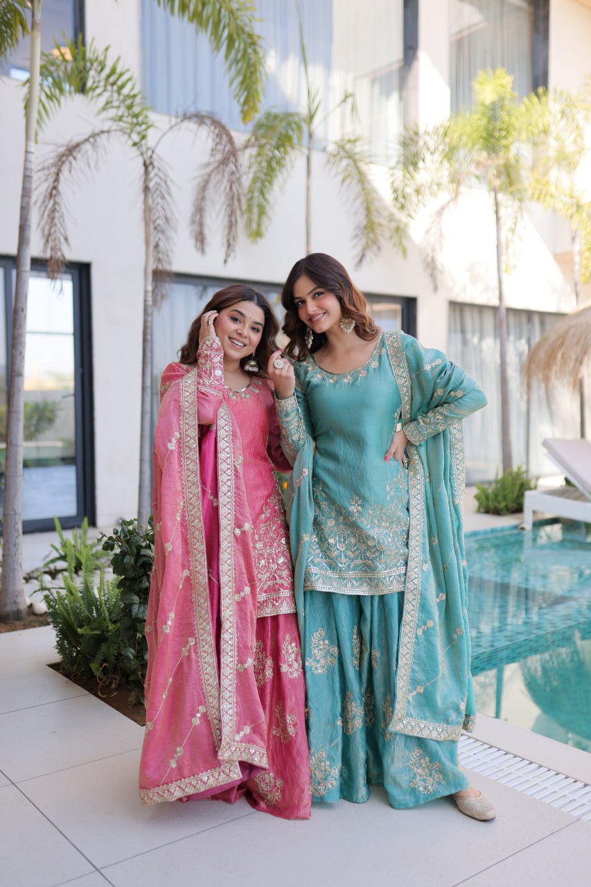 Zari Embroidered Crushed Sharara Suit for Festive & Wedding