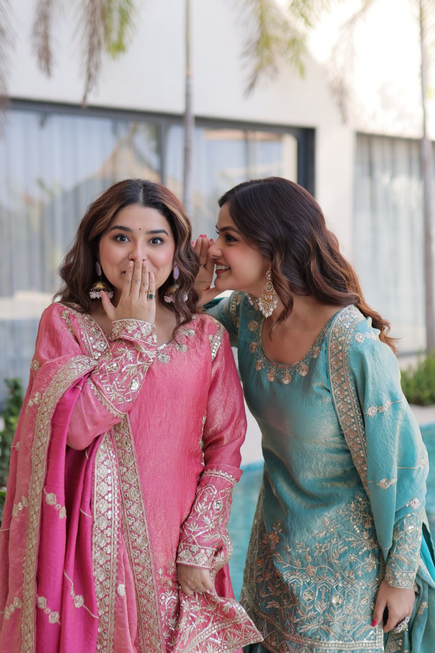 Zari Embroidered Crushed Sharara Suit for Festive & Wedding
