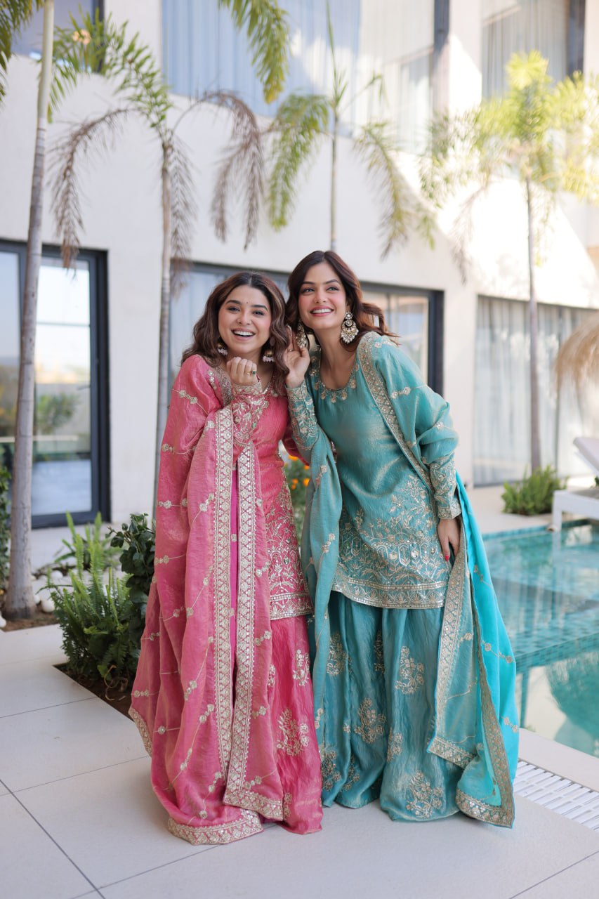 Zari Embroidered Crushed Sharara Suit for Festive & Wedding