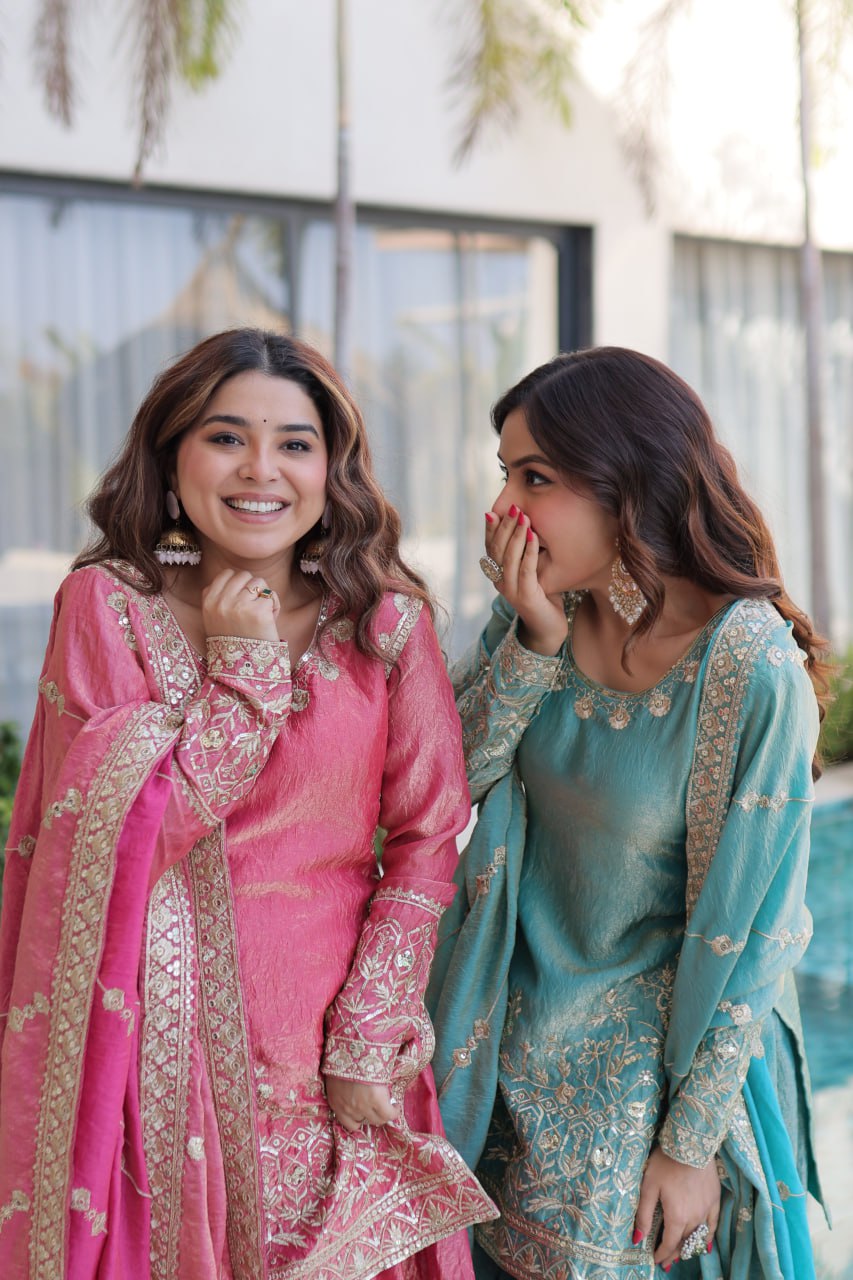 Zari Embroidered Crushed Sharara Suit for Festive & Wedding