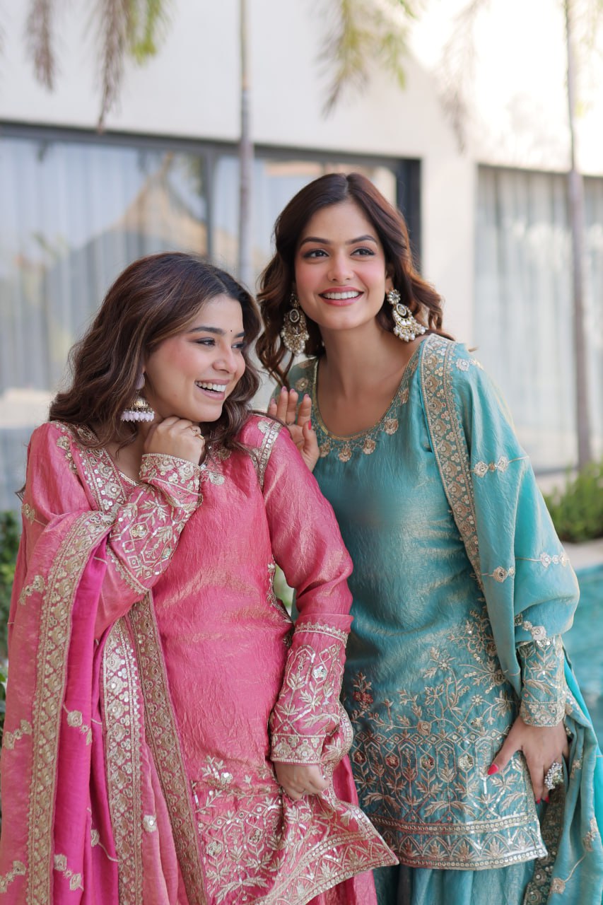Zari Embroidered Crushed Sharara Suit for Festive & Wedding