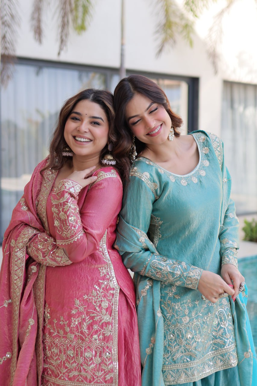 Zari Embroidered Crushed Sharara Suit for Festive & Wedding