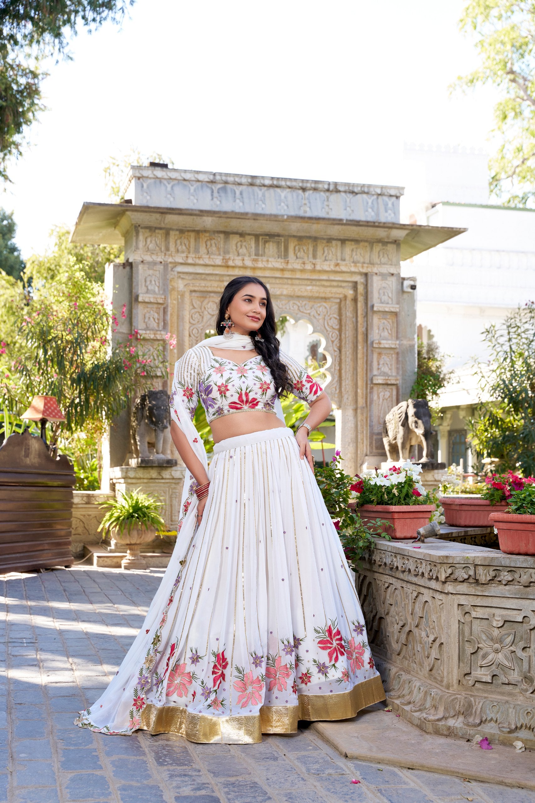 Great Off-White Floral Embroidered Georgette Sangeet Wear Lehenga Choli