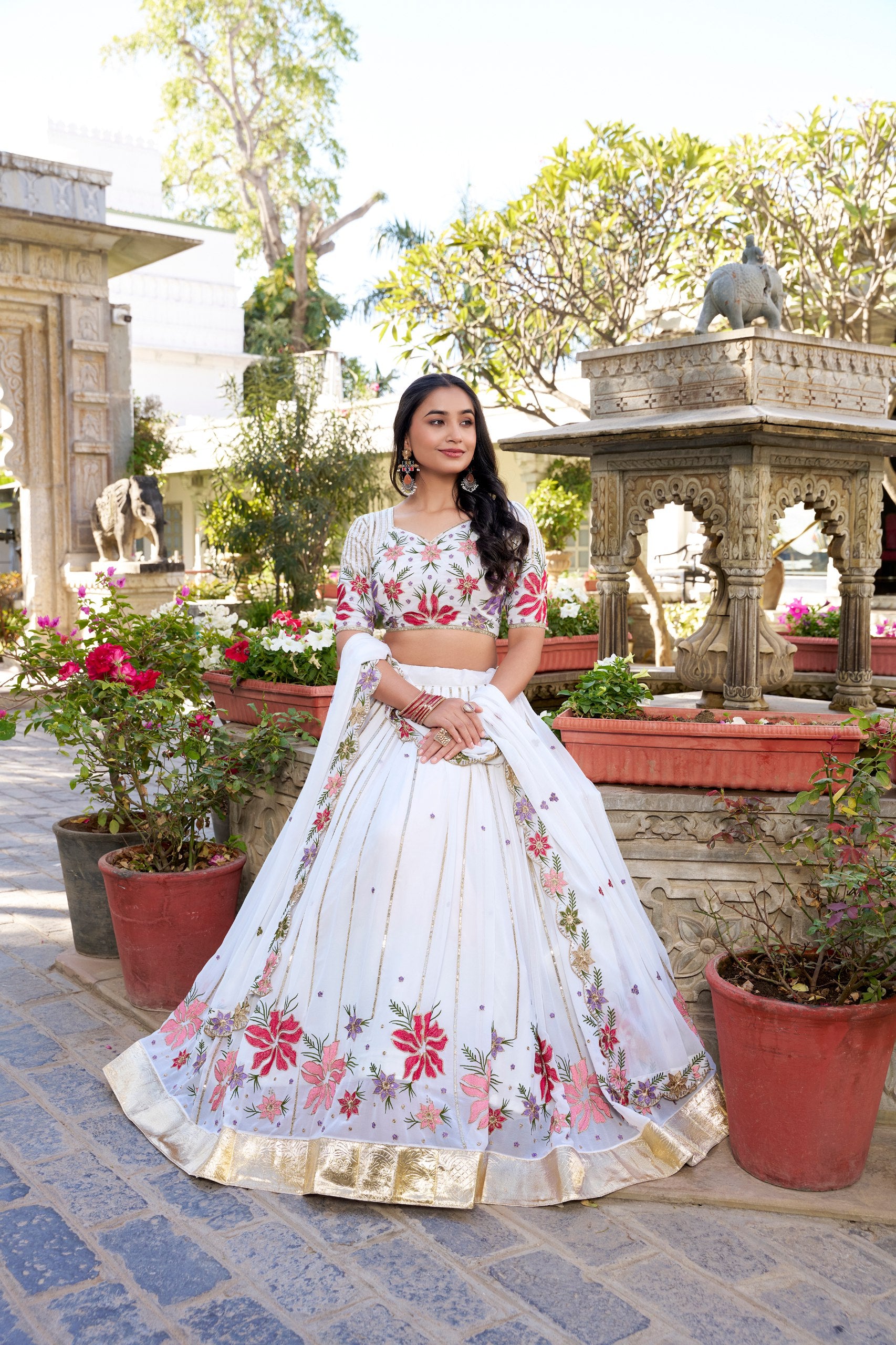 Great Off-White Floral Embroidered Georgette Sangeet Wear Lehenga Choli