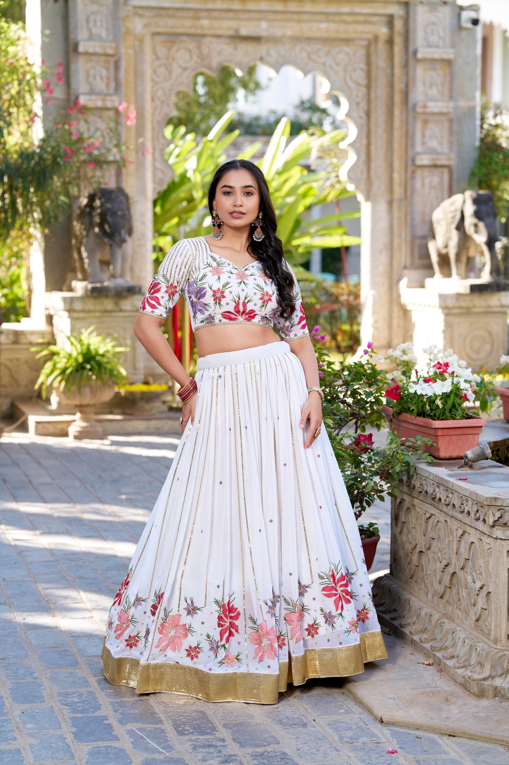 Great Off-White Floral Embroidered Georgette Sangeet Wear Lehenga Choli