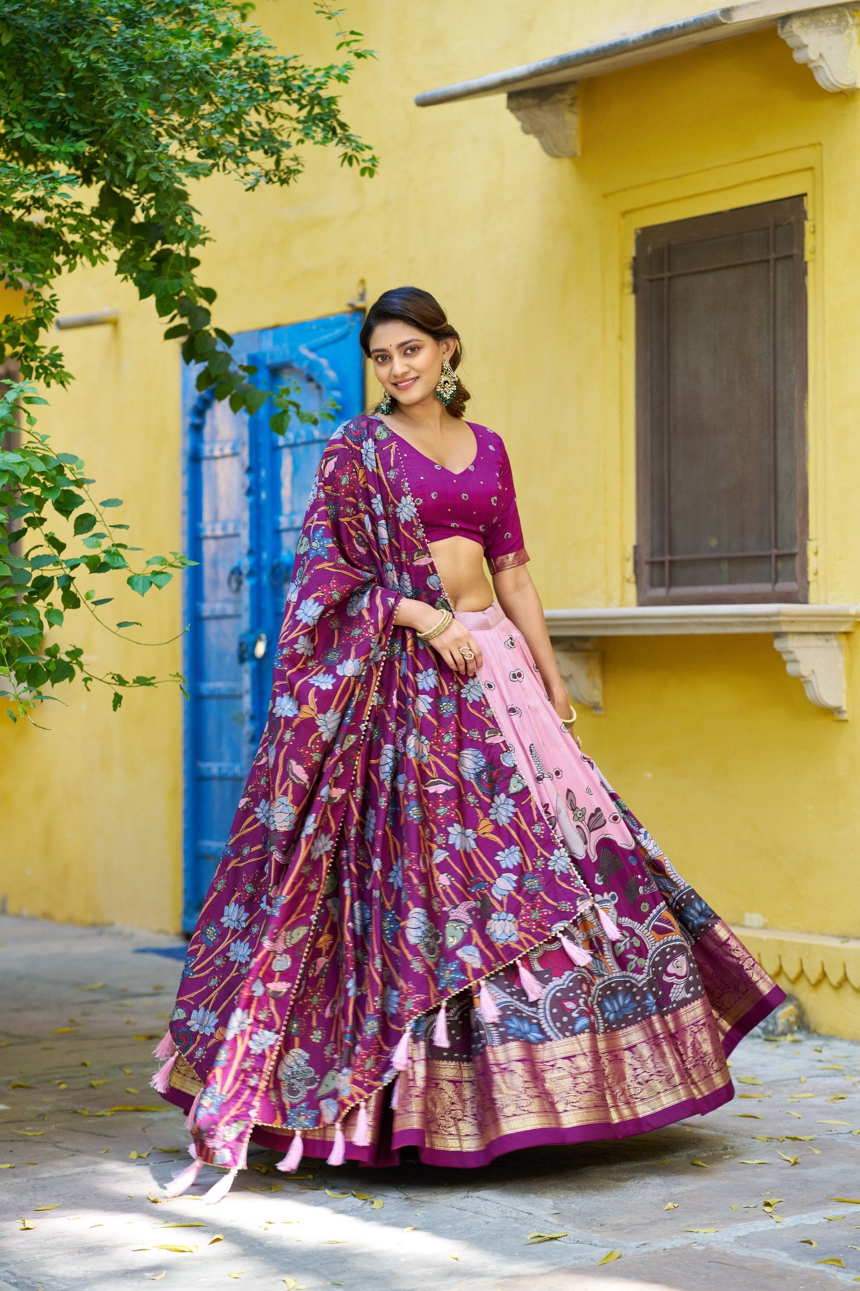 Tussar Silk Lehenga Choli with Kalamkari Print for Festivals