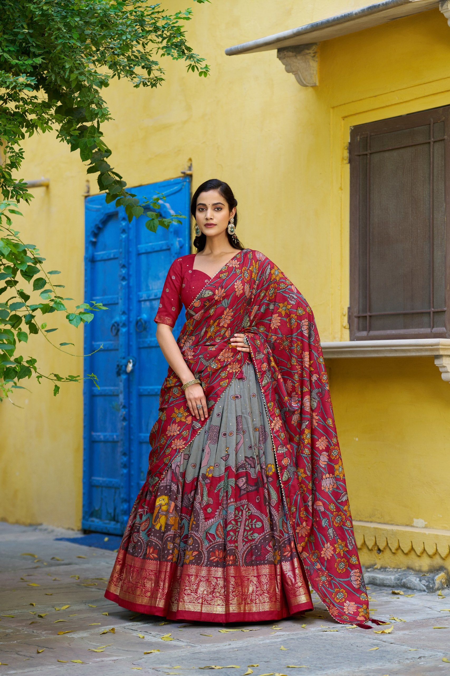 Tussar Silk Lehenga Choli with Kalamkari Print for Festivals