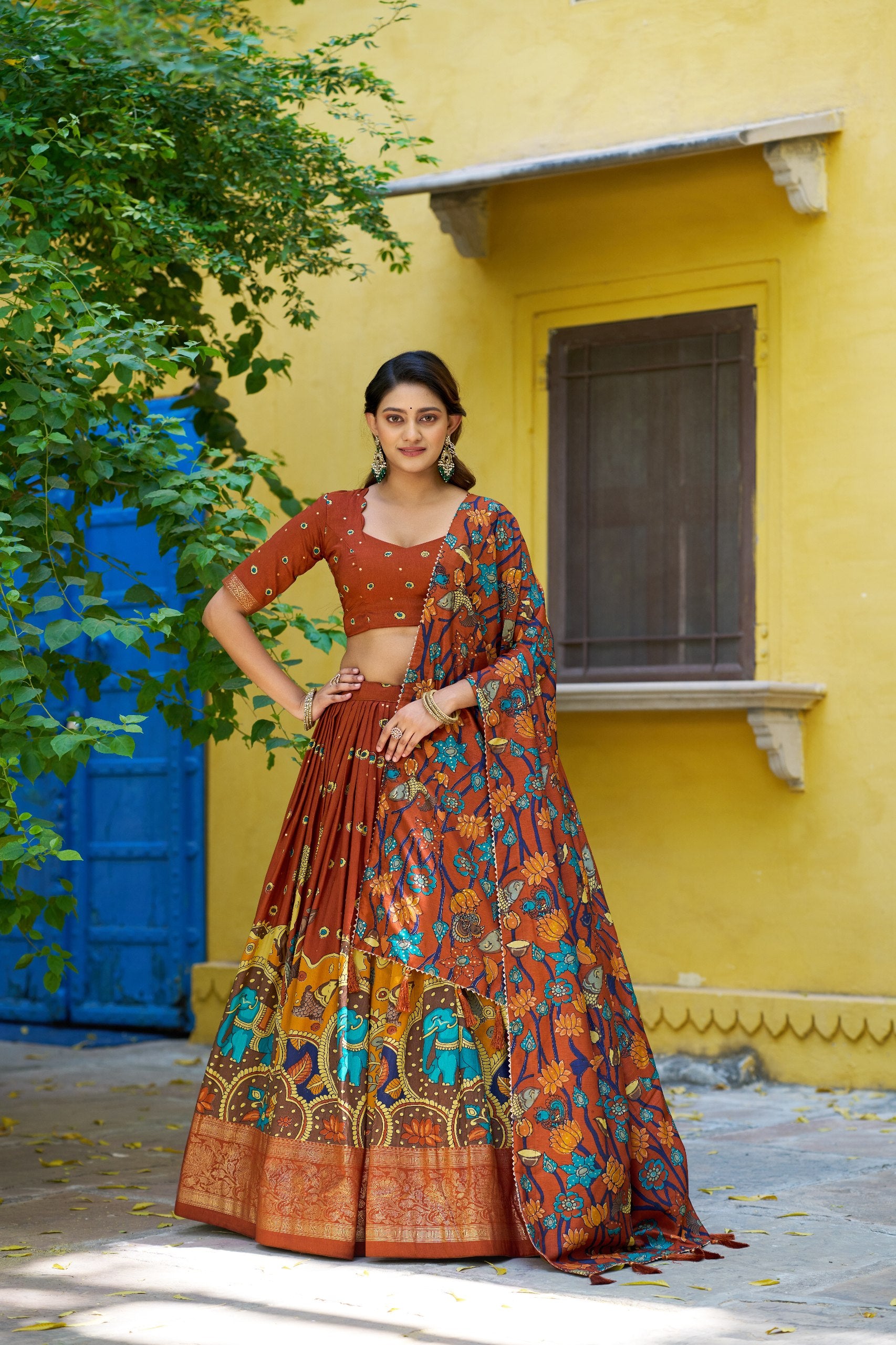 Tussar Silk Lehenga Choli with Kalamkari Print for Festivals