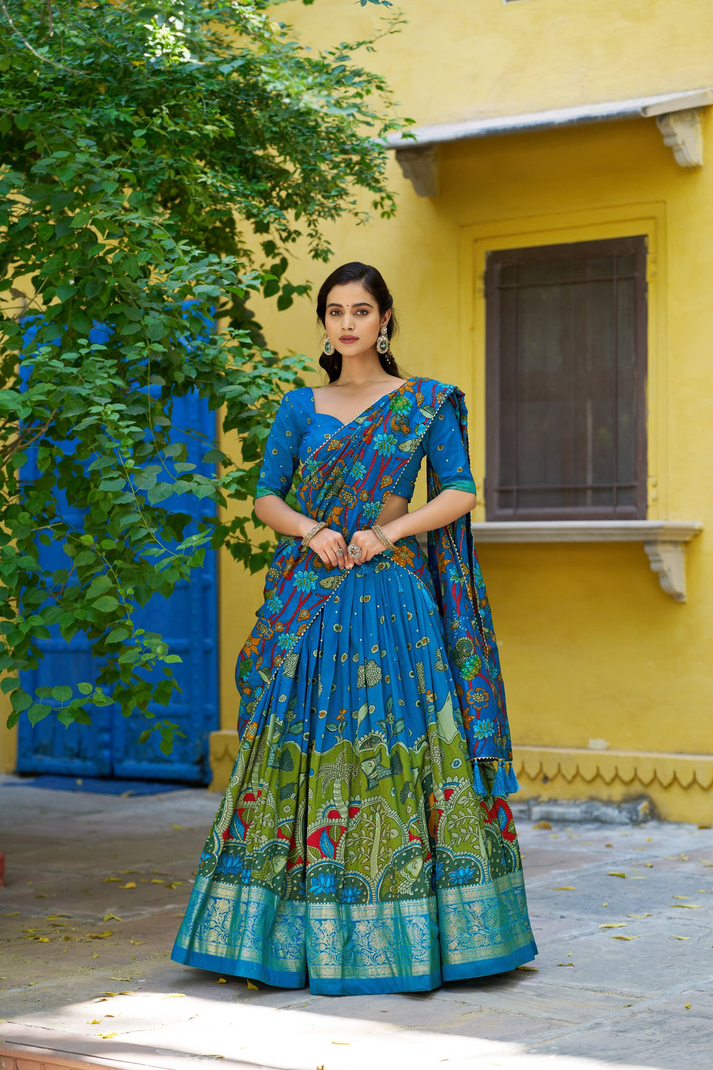 Tussar Silk Lehenga Choli with Kalamkari Print for Festivals