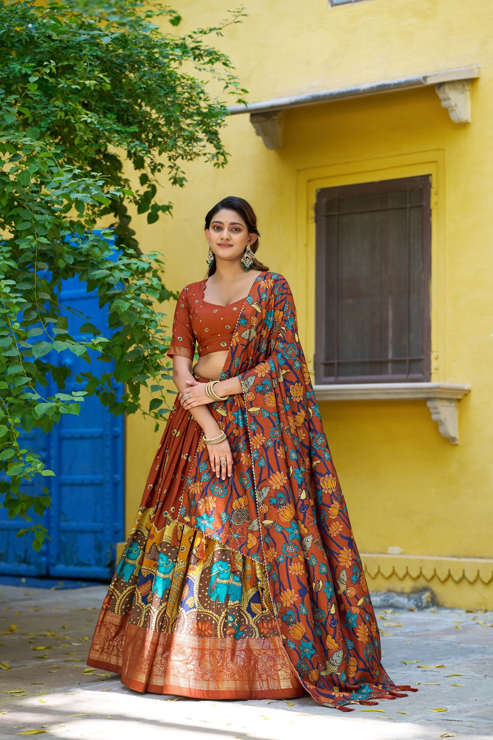 Tussar Silk Lehenga Choli with Kalamkari Print for Festivals