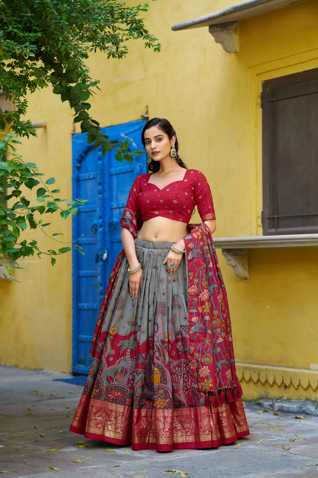 Tussar Silk Lehenga Choli with Kalamkari Print for Festivals