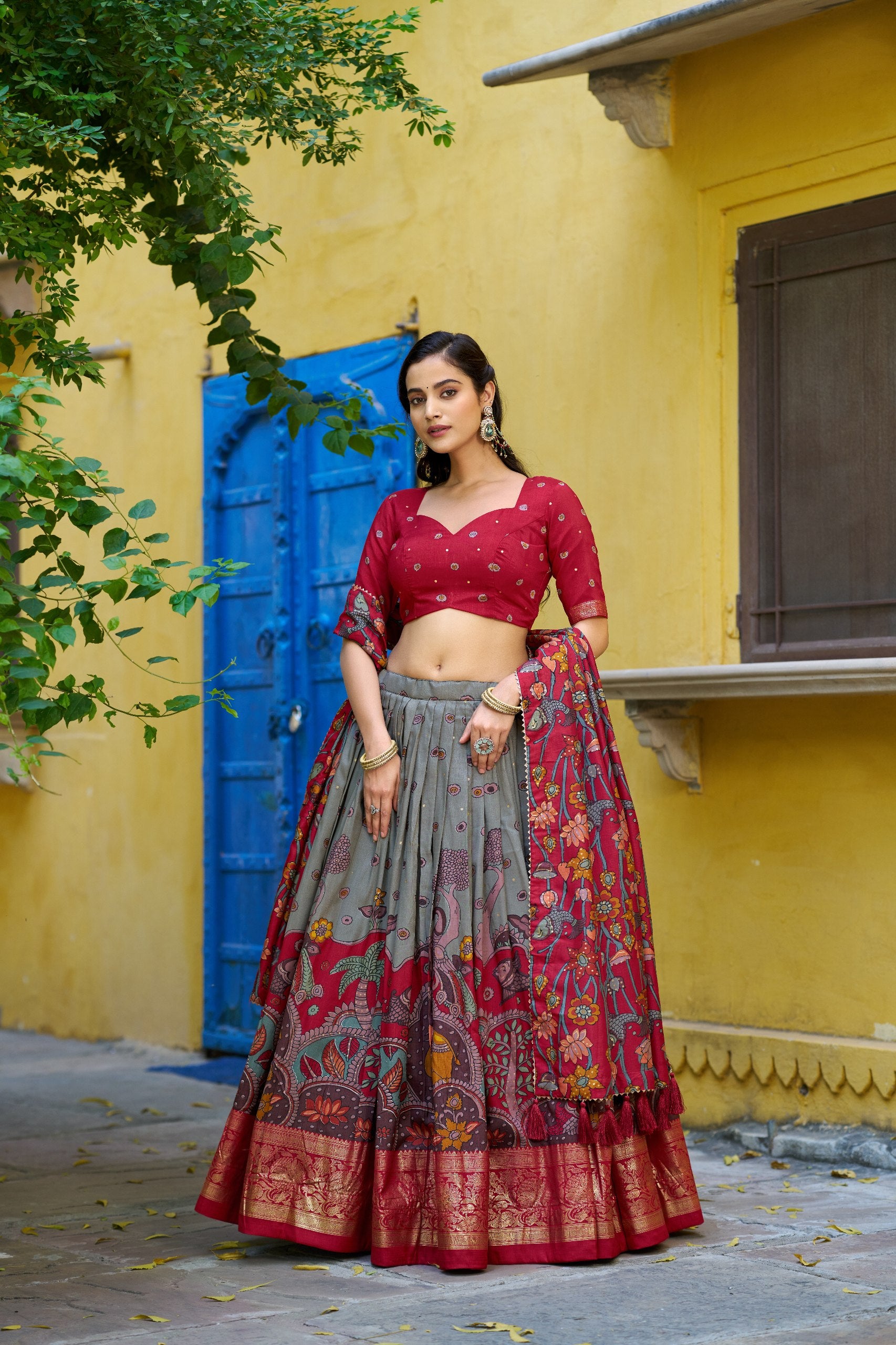 Tussar Silk Lehenga Choli with Kalamkari Print for Festivals