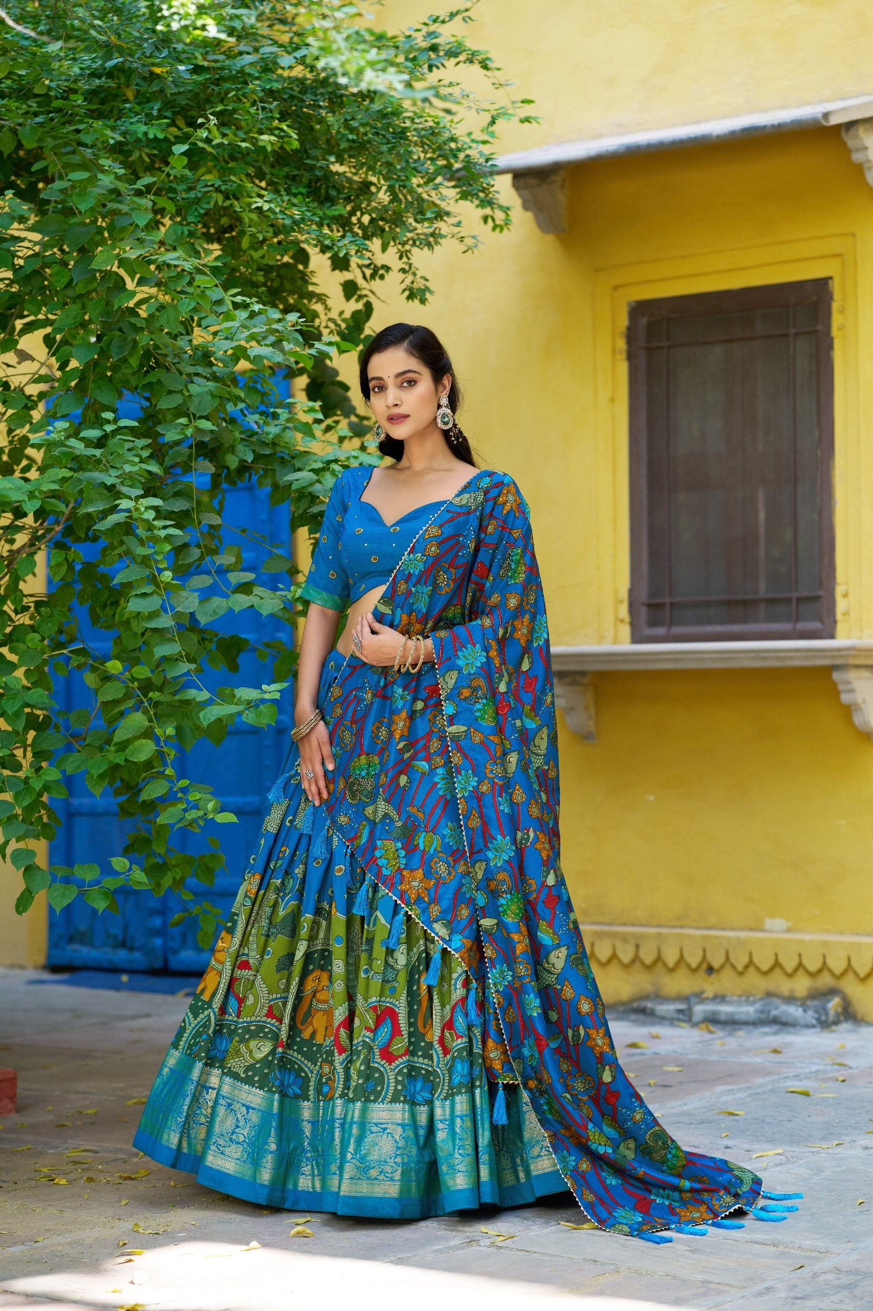 Tussar Silk Lehenga Choli with Kalamkari Print for Festivals