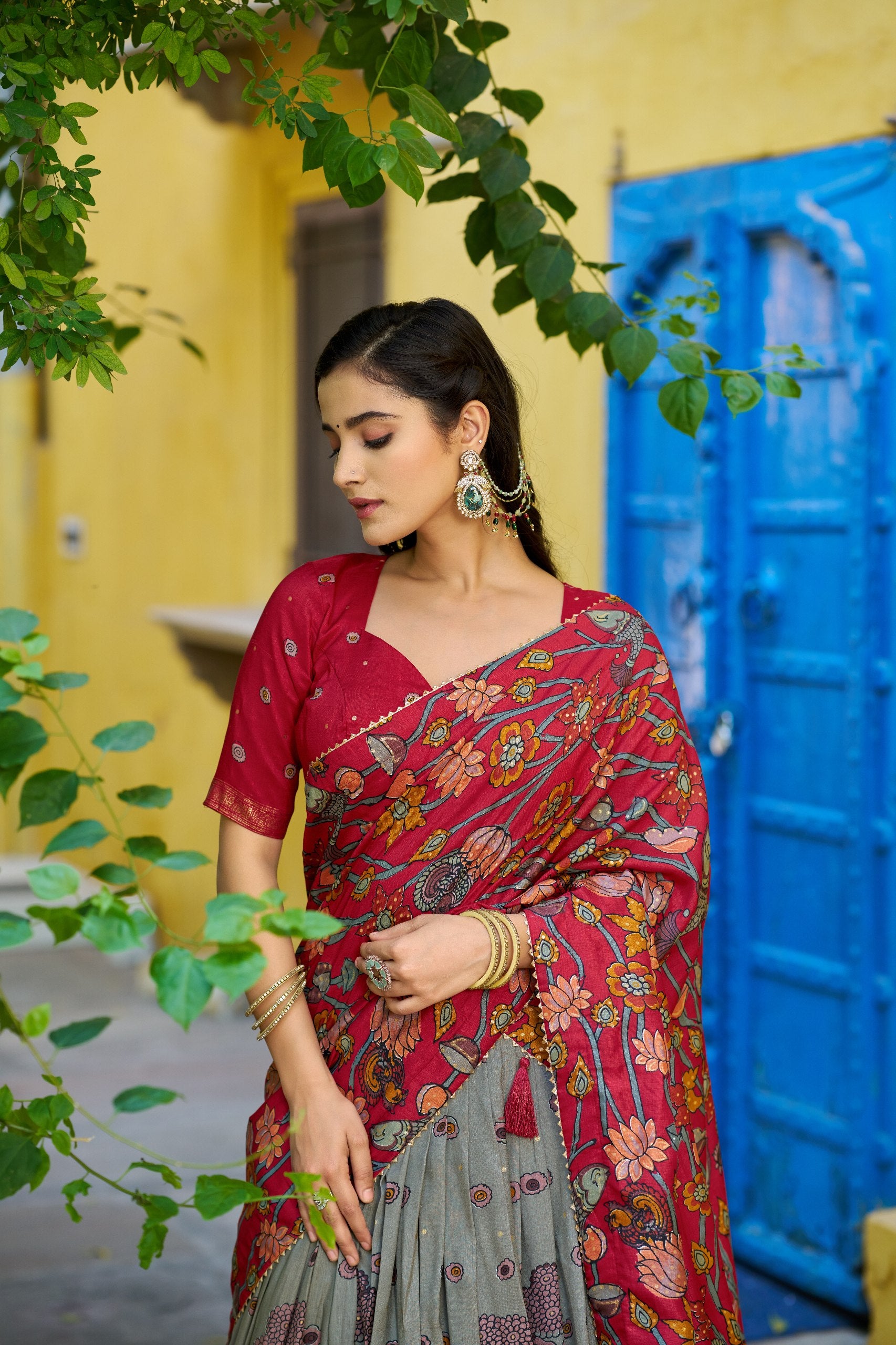 Tussar Silk Lehenga Choli with Kalamkari Print for Festivals