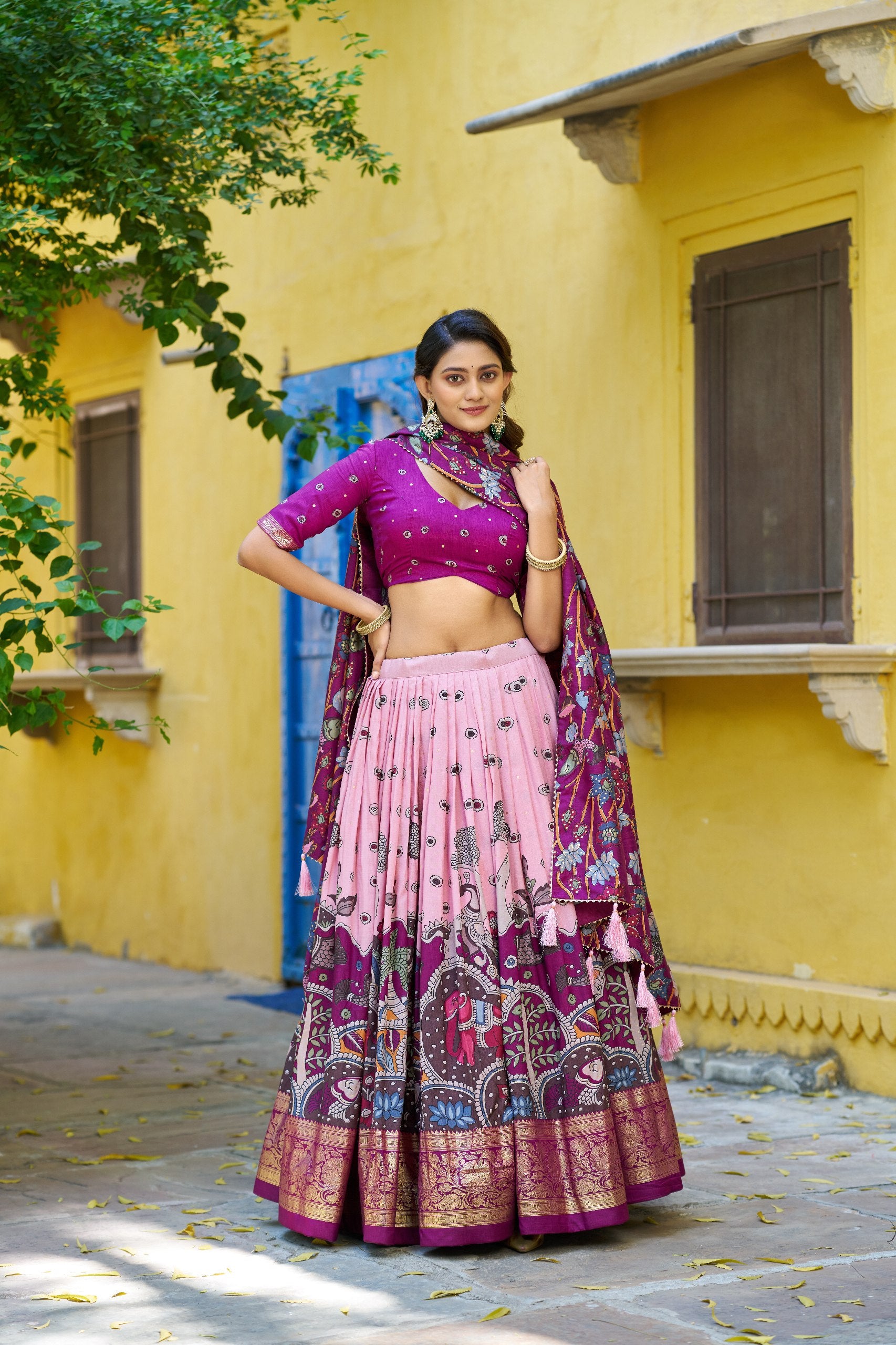 Tussar Silk Lehenga Choli with Kalamkari Print for Festivals