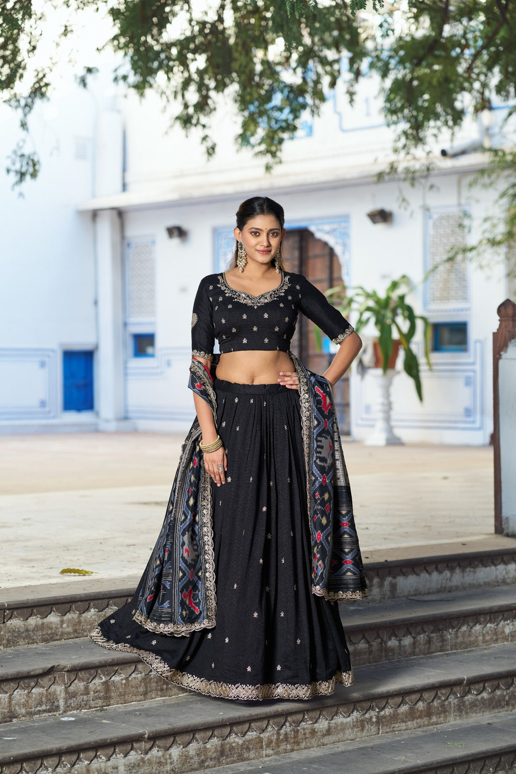 Silk Half Saree Lehenga with Thread Embroidery for Festivals