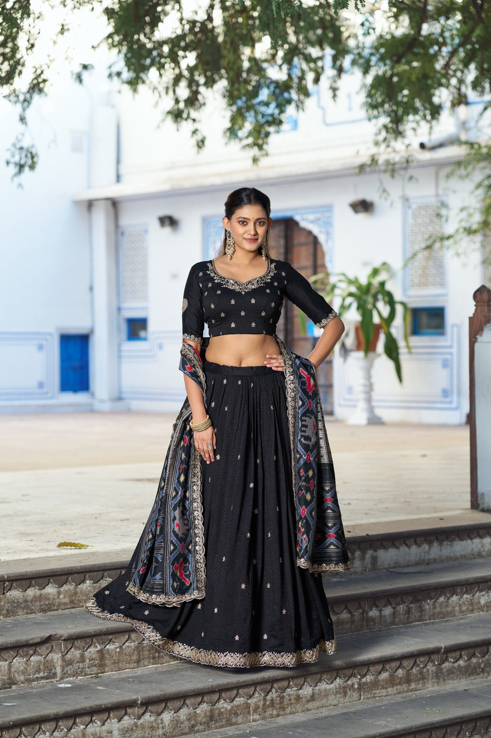 Silk Half Saree Lehenga with Thread Embroidery for Festivals