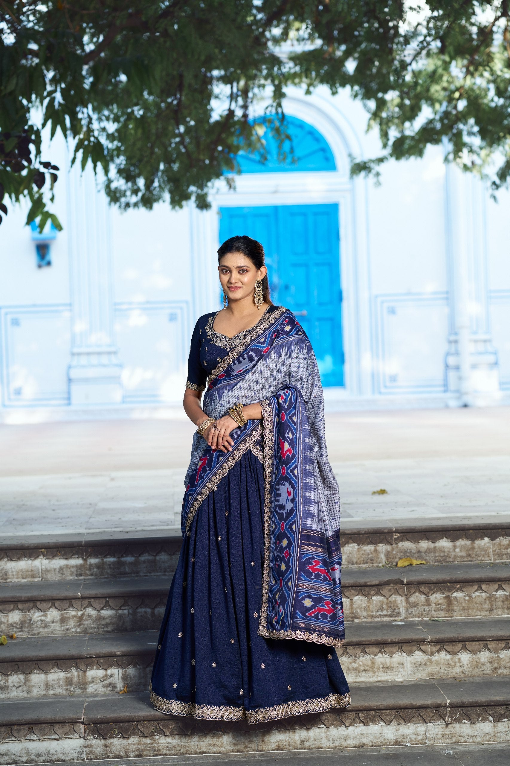 Silk Half Saree Lehenga with Thread Embroidery for Festivals