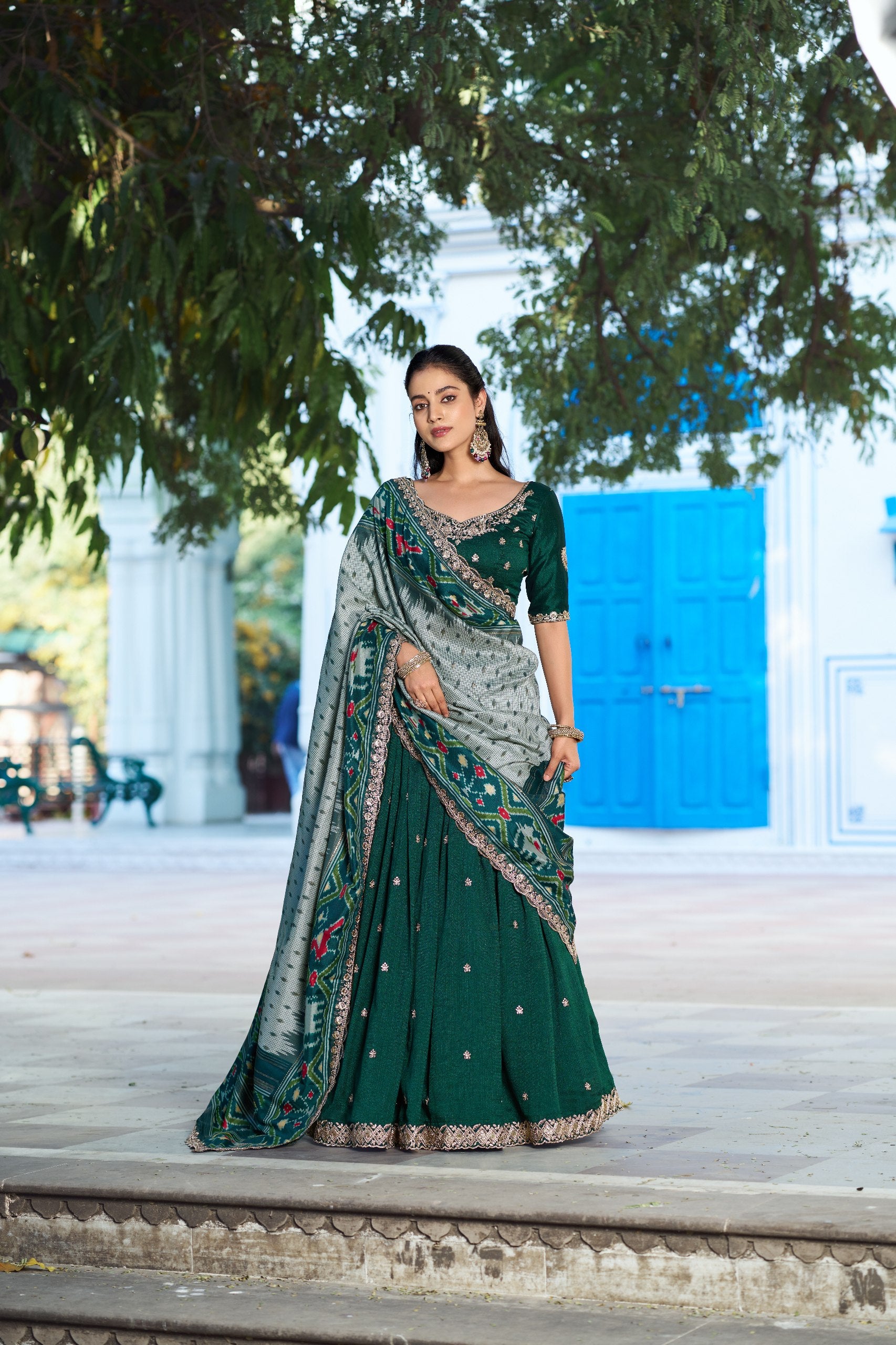 Silk Half Saree Lehenga with Thread Embroidery for Festivals