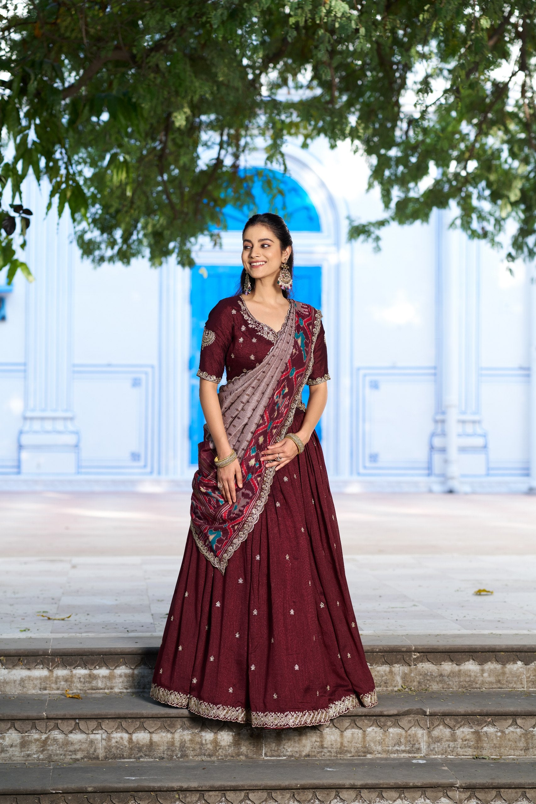 Silk Half Saree Lehenga with Thread Embroidery for Festivals