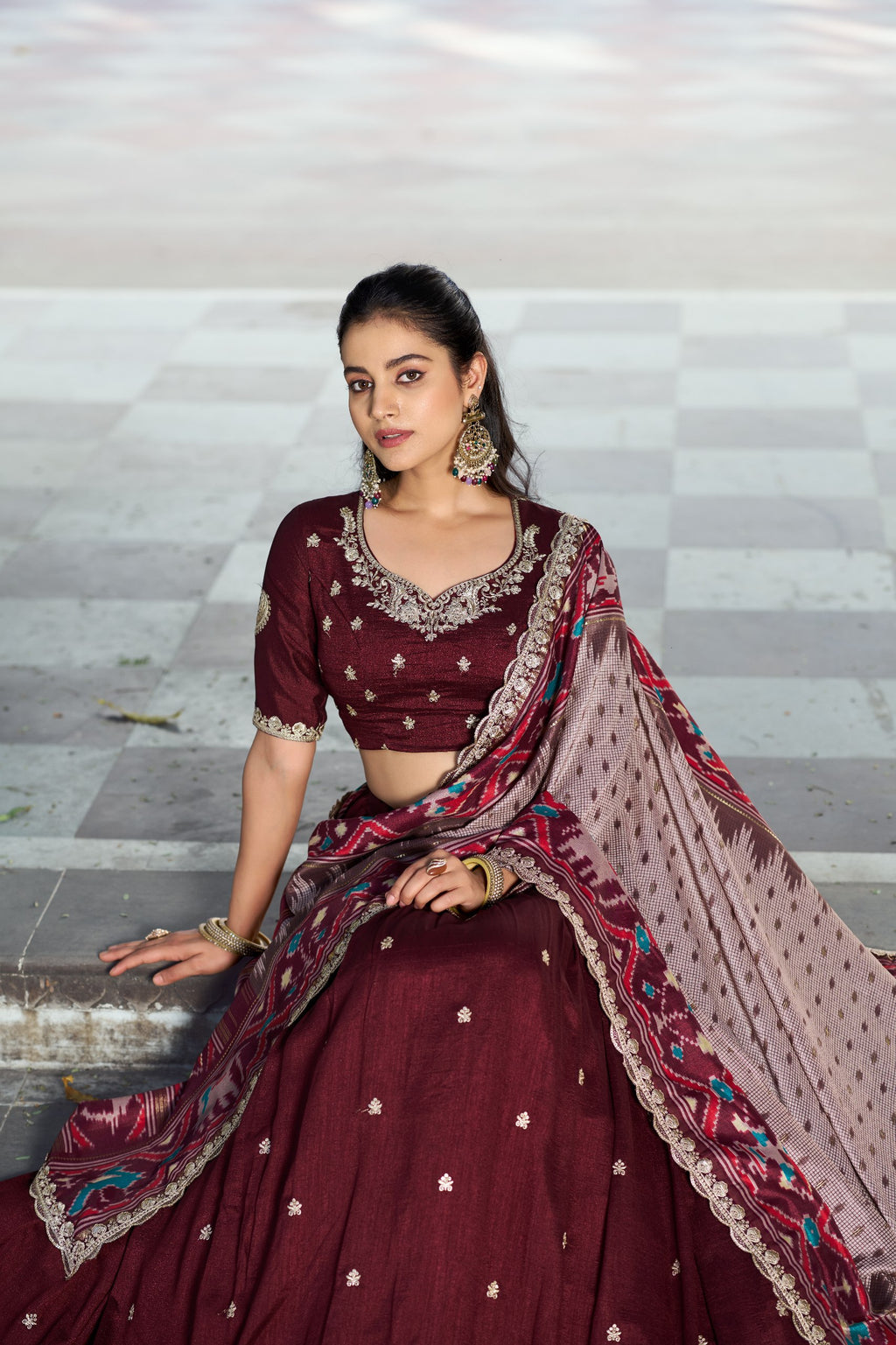 Silk Half Saree Lehenga with Thread Embroidery for Festivals