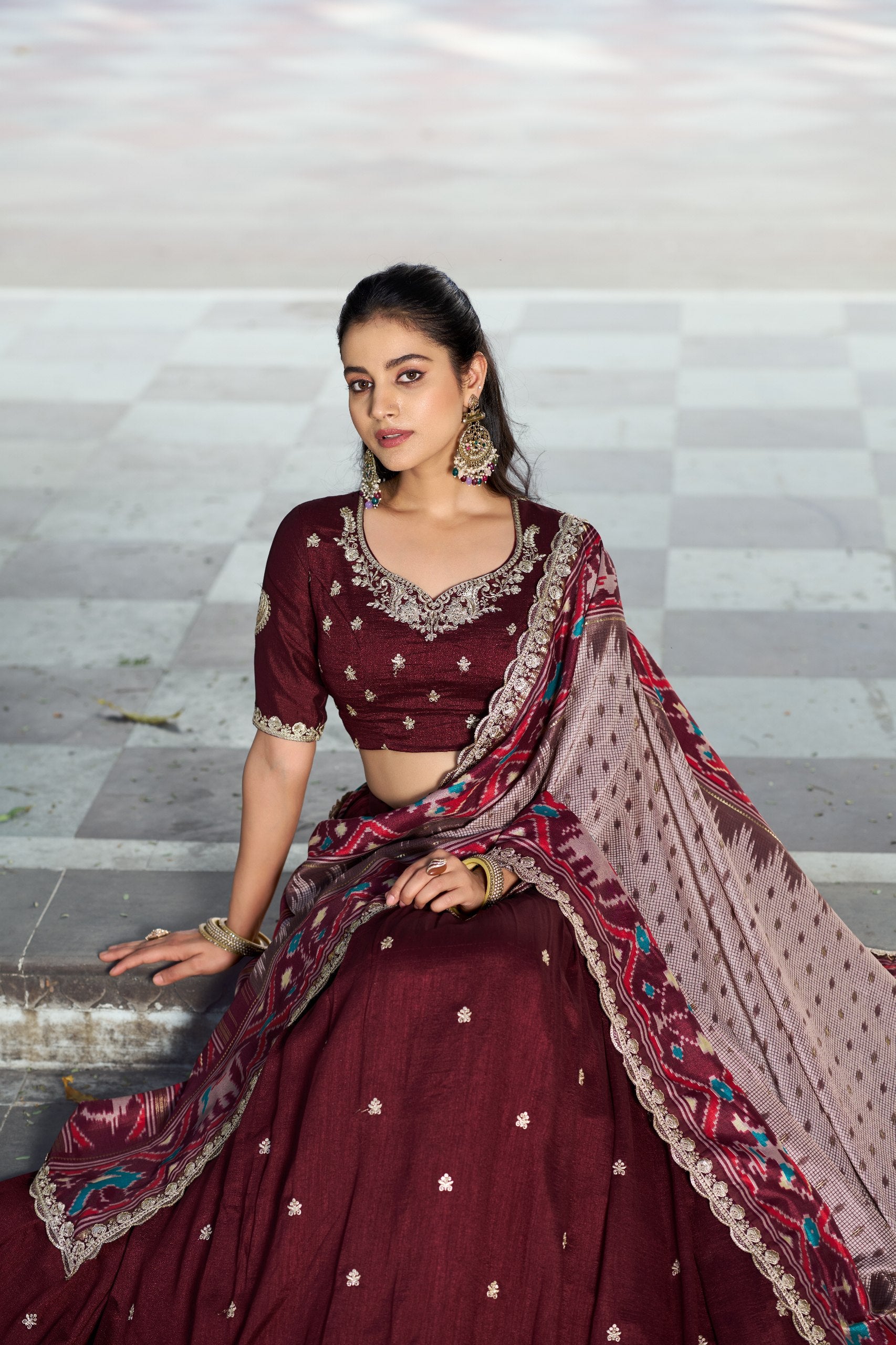 Silk Half Saree Lehenga with Thread Embroidery for Festivals