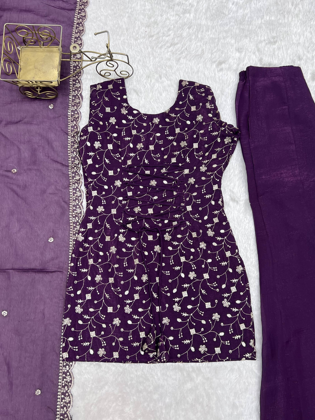 Purple Beautiful Sequins Silk Function Wear Pant Suit