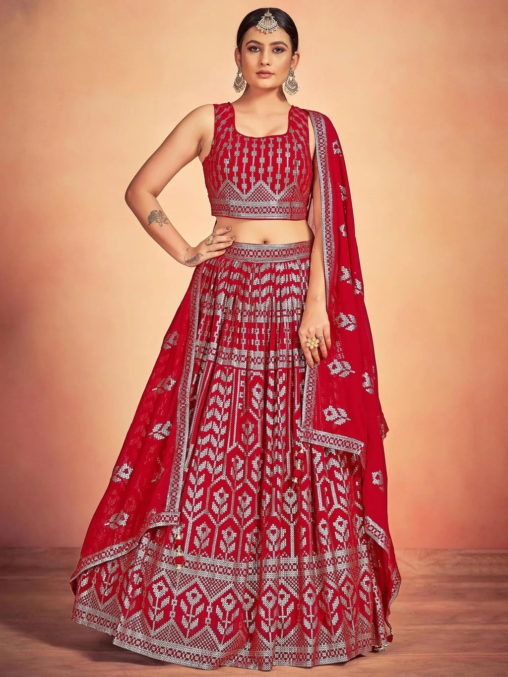 Red Lovely Sequins Georgette Sangeet Wear Lehenga Choli With Dupatta