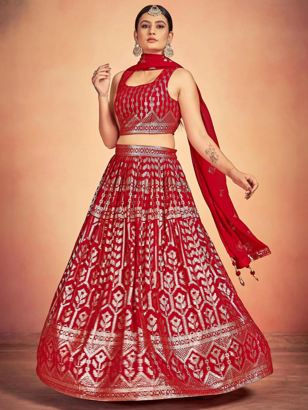 Red Lovely Sequins Georgette Sangeet Wear Lehenga Choli With Dupatta