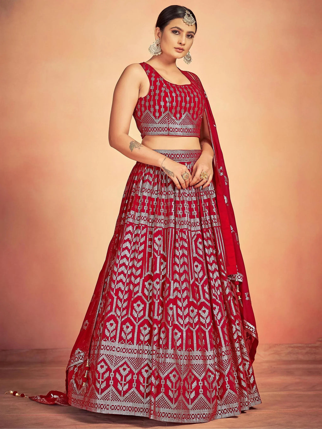 Red Lovely Sequins Georgette Sangeet Wear Lehenga Choli With Dupatta