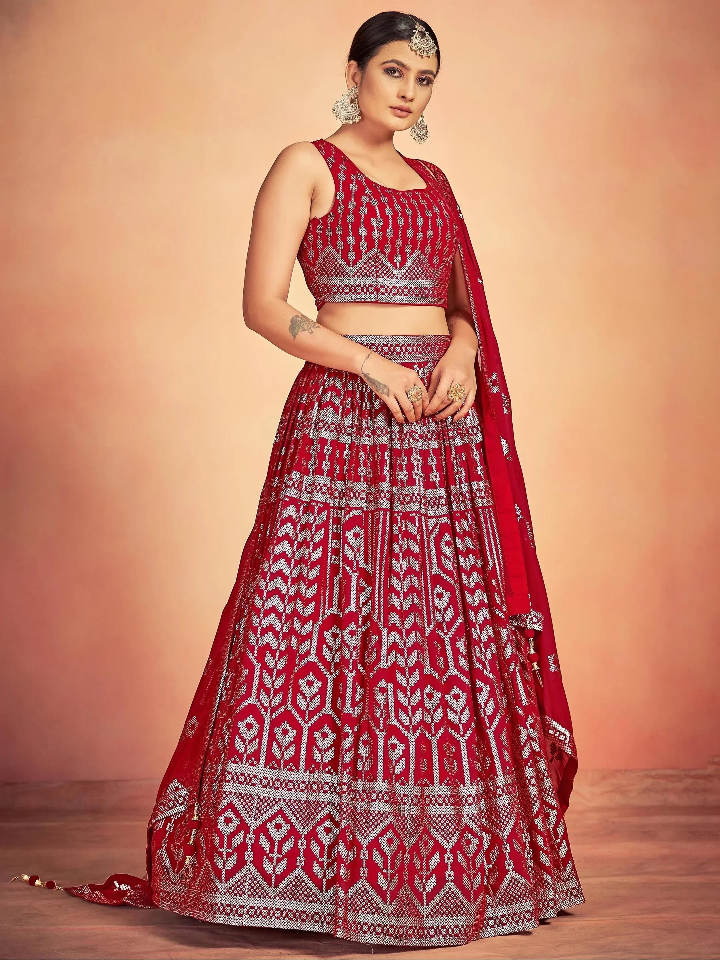 Red Lovely Sequins Georgette Sangeet Wear Lehenga Choli With Dupatta