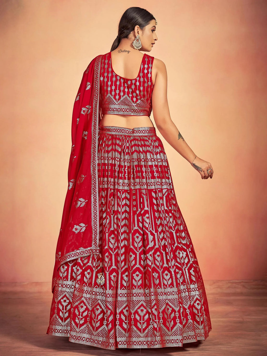 Red Lovely Sequins Georgette Sangeet Wear Lehenga Choli With Dupatta