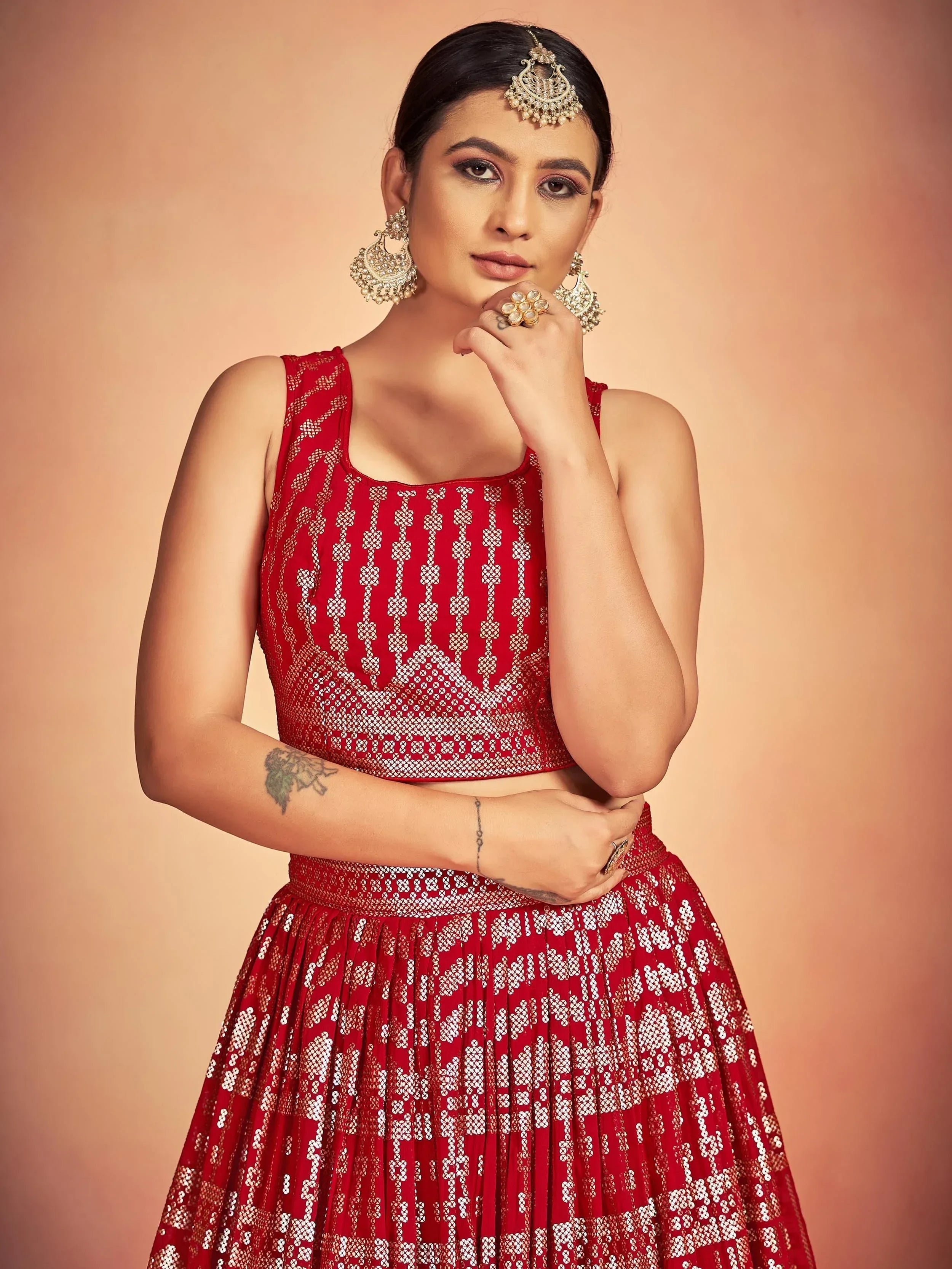 Red Lovely Sequins Georgette Sangeet Wear Lehenga Choli With Dupatta