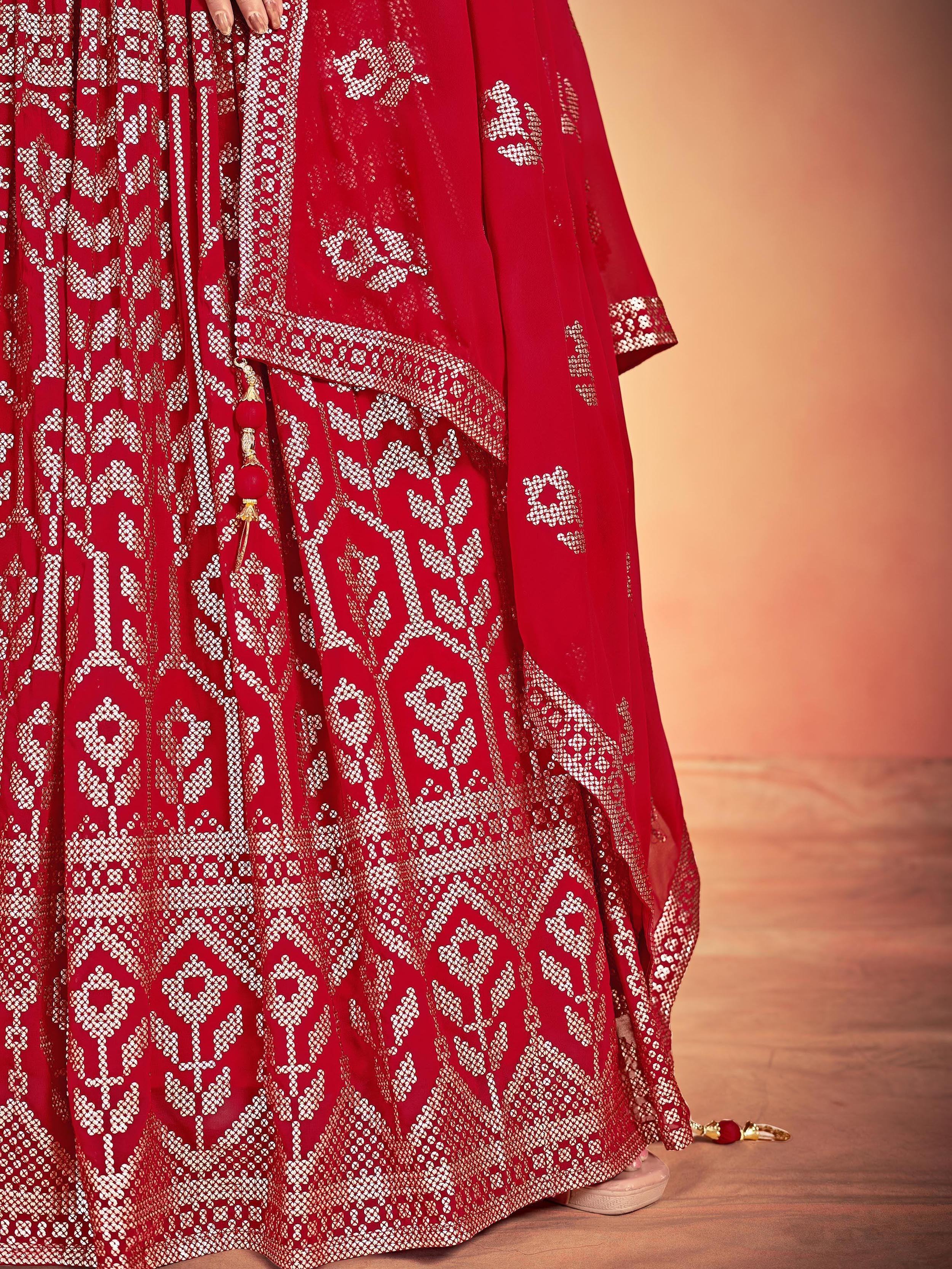 Red Lovely Sequins Georgette Sangeet Wear Lehenga Choli With Dupatta