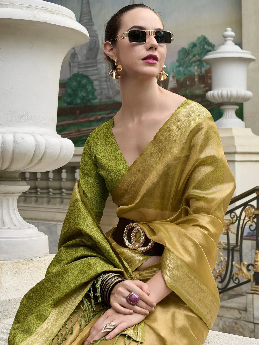 Desirable Golden Zari Weaving Tissue Event Wear Saree With Blouse