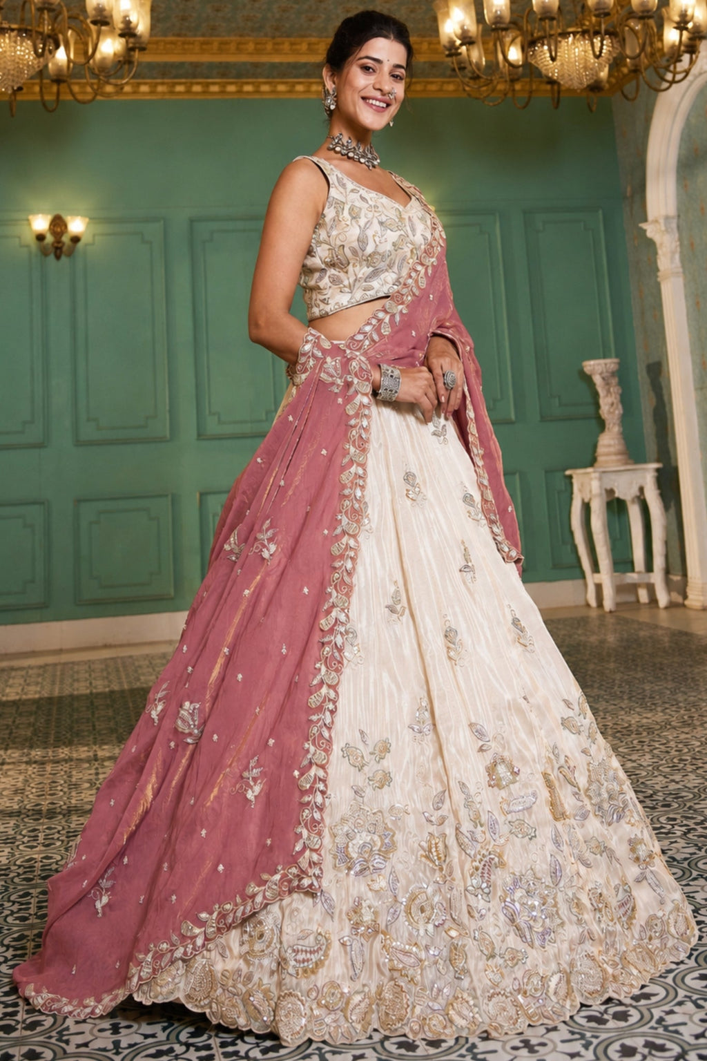 Premium Pure Tissue Ivory Cream Designer Lehenga Choli With Pink Fendi Dupatta