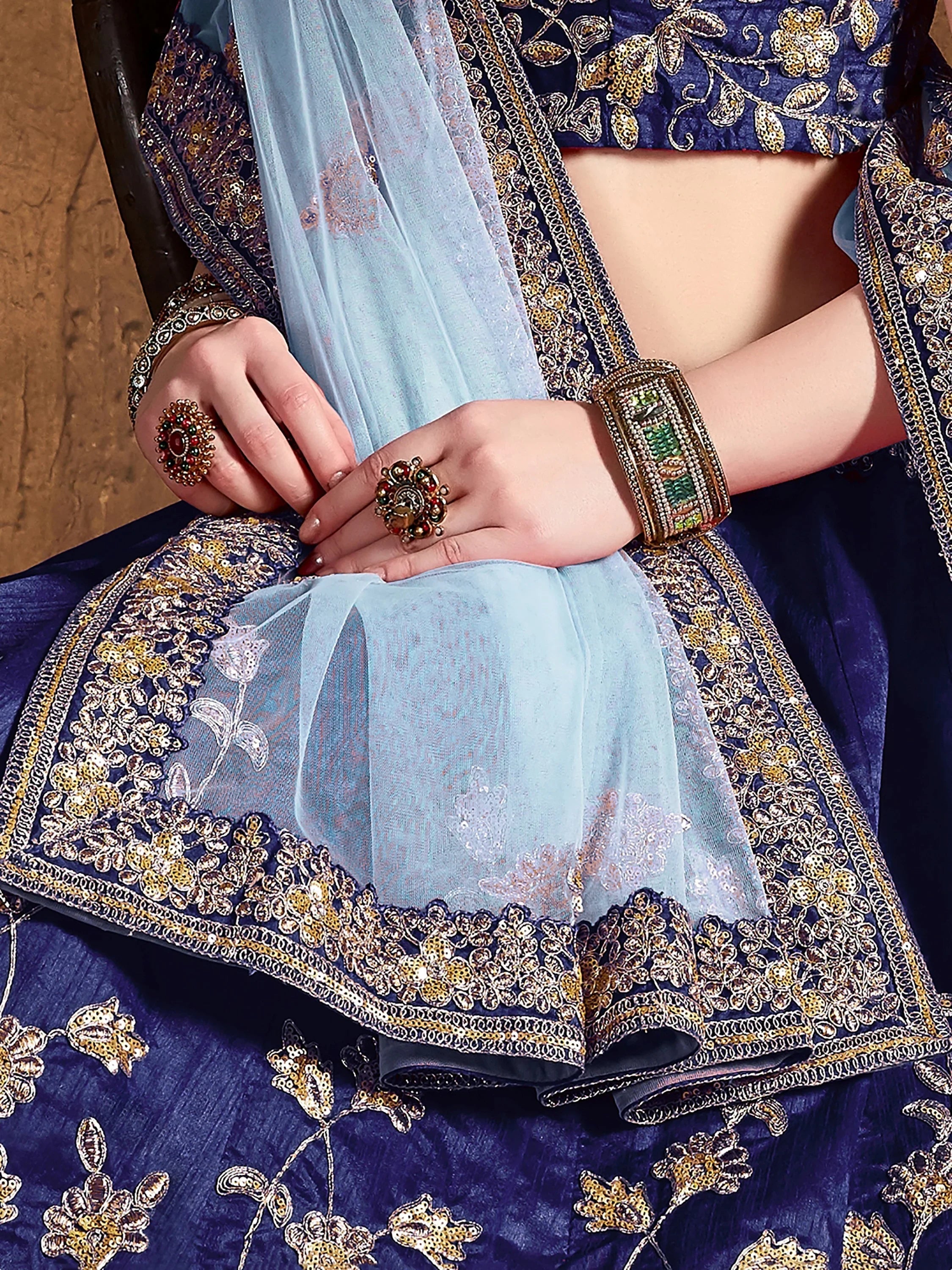 Blue Sequins Raw Silk Bridal Lehenga Choli With Dupatta