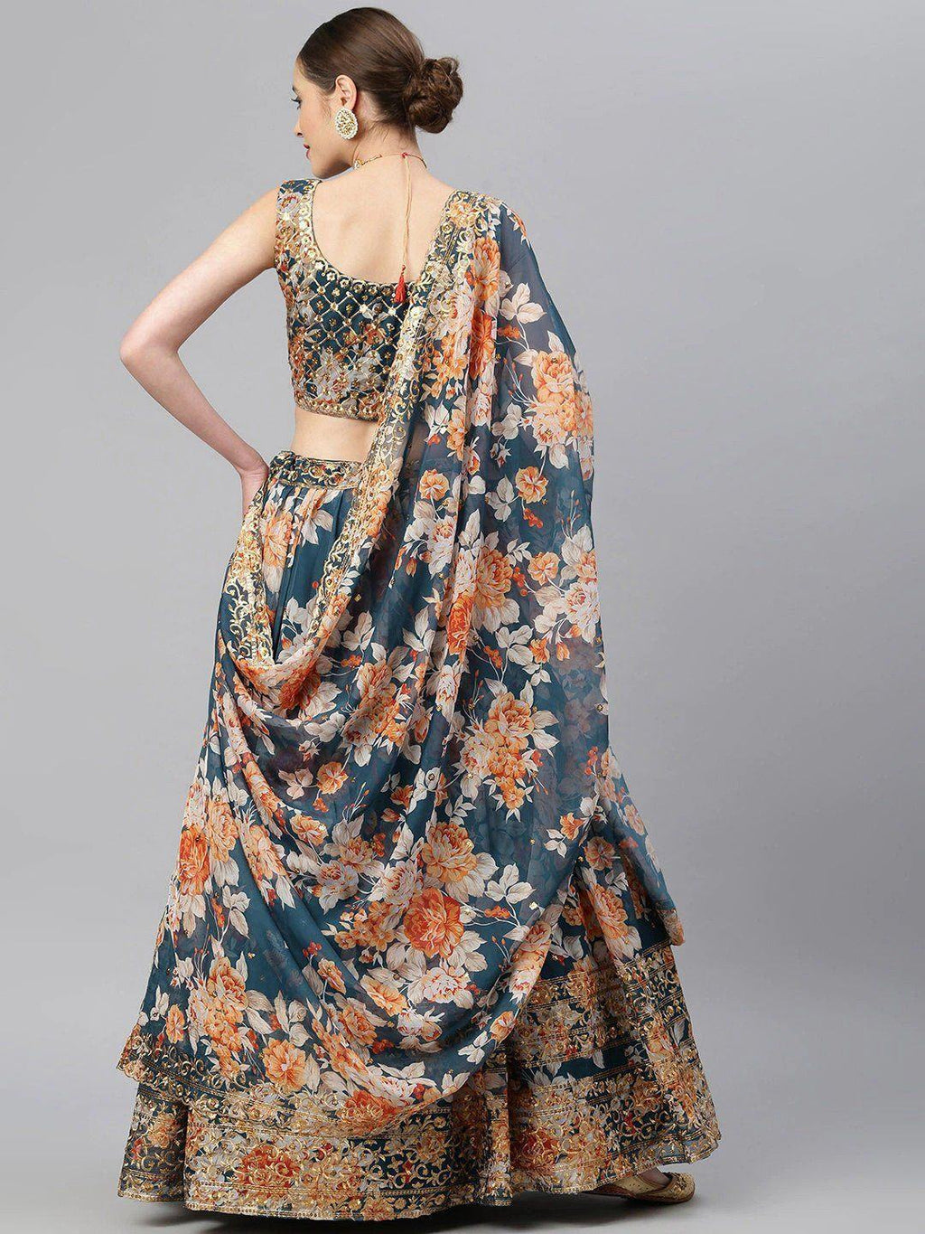 Blue & Peach-Coloured Embellished Sequinned Semi-Stitched Myntra Lehenga & Unstitched Blouse