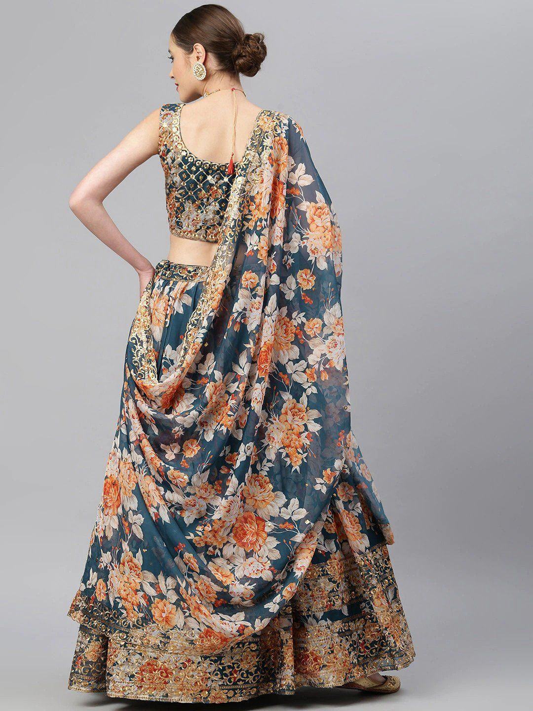 Blue & Peach-Coloured Embellished Sequinned Semi-Stitched Myntra Lehenga & Unstitched Blouse