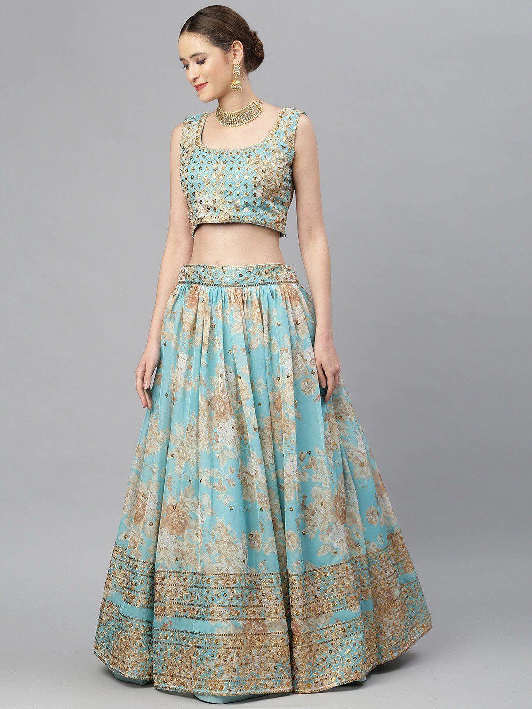 Blue & Peach-Coloured Embellished Sequinned Myntra Lehenga & Unstitched Blouse
