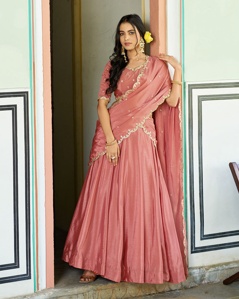 Peach Chinon Designer Lehenga Choli with Embroidery for Festive Occasions