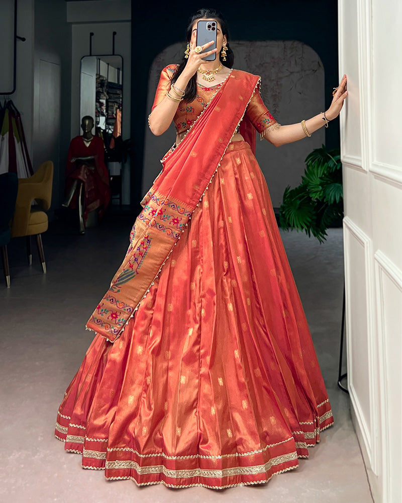 Coral Shimmer Silk Designer Lehenga Set for festive celebrations and wedding occasions